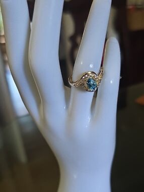 14K GOLD OVER STERLING SILVER GENUINE BLUE TOPAZ LAB CREATED WHITE SAPPHIRE RING